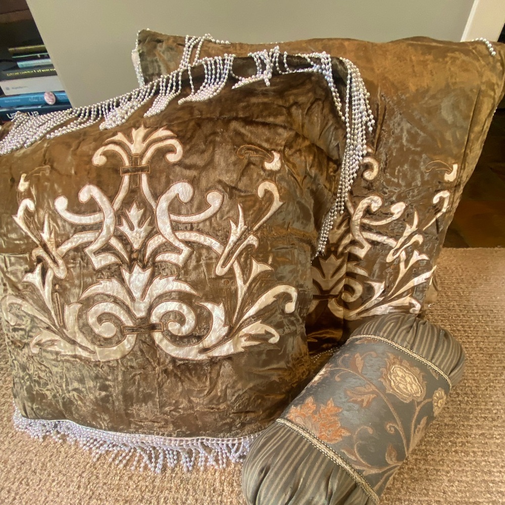 2 Pearl Beaded European Shams and Matching Bolster